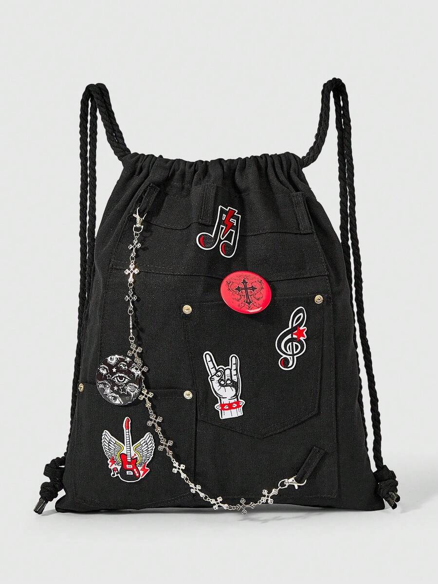 ROMWE Grunge Punk 1件裝黑色岩石音符刺繡暗條紋徽章圖案大容量多口袋抽繩束口背包,休閒百搭中性款,適合通勤、社交、購物 - 純黑色 - 查看 1