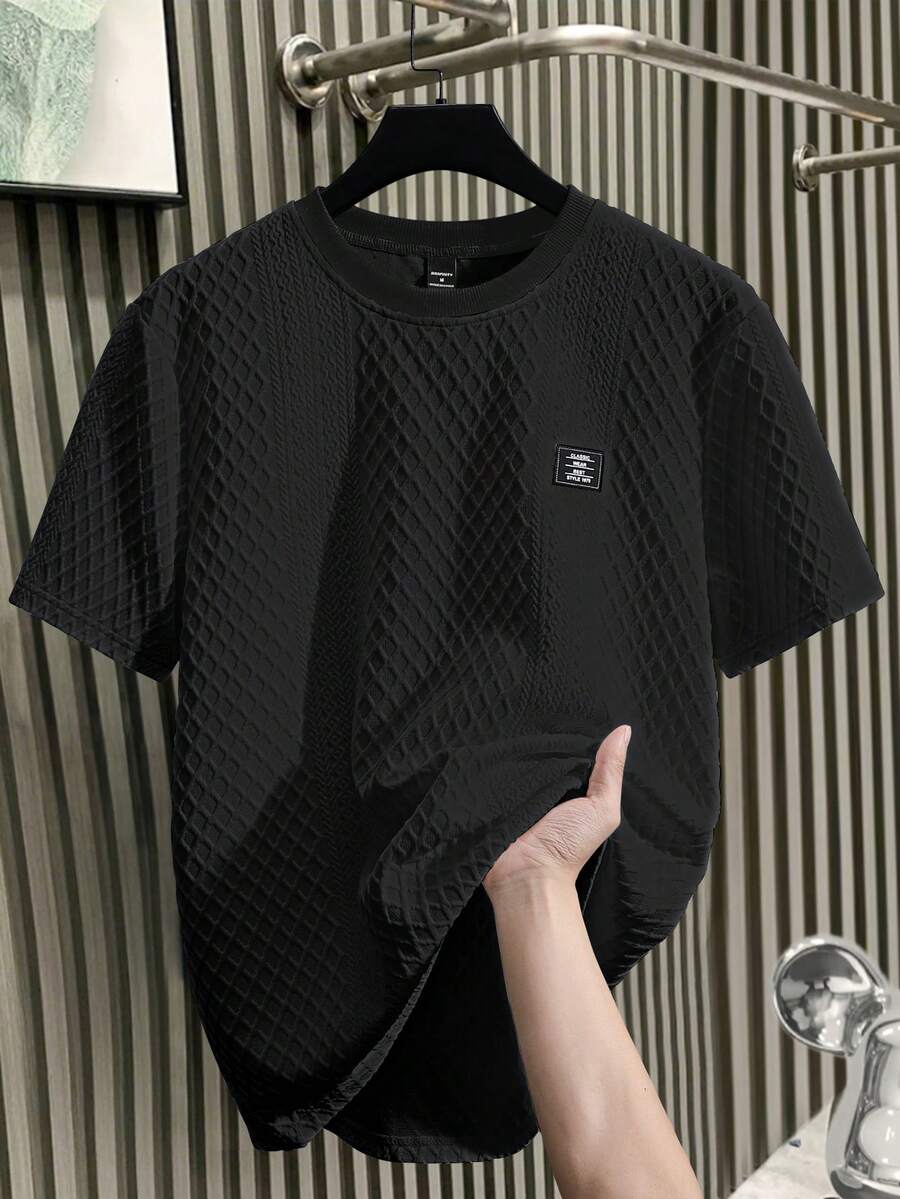 Manfinity Homme Men's Short Sleeve T-Shirt, Knitted Jacquard Fabric, Fashionable Versatile Style Suitable For Outings, Ideal Gift For Boyfriend Or Husband, Holiday - Black - View 1