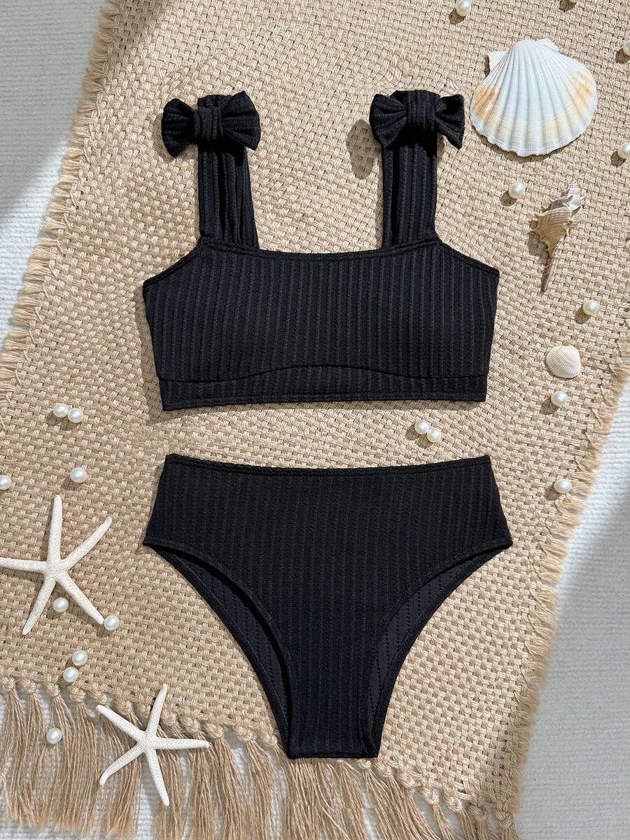 SHEIN 時尚新款女童青少年 2 件式泳衣,羅紋黑色特殊面料比基尼套裝,上衣與褲子分開式,可愛蝴蝶結拼接沙灘裝,適合夏季海灘度假游泳 - 黑色 - 查看 1