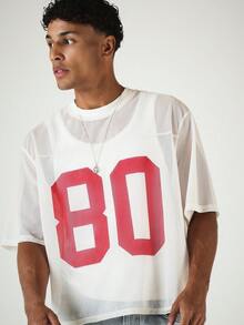 SUMWON Oversized Mesh Football Jersey T-Shirt Number 80 Print Crew Neck Short Sleeve Summer Top,Number Shirt,Streetwear Clothes Mens,Retro Tshirt - Apricot - View 1