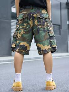 Manfinity EMRG Quần short cargo denim nam phong cách đường phố casual nhiều túi rách họa tiết rằn ri - xanh quân đội - Xem 2