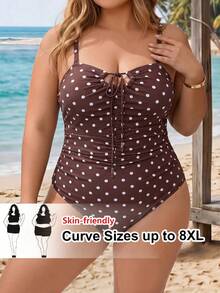 SHEIN CURVE+ Plus Size Vacation Beach Polka Dot Print Spaghetti Strap One Piece Swimsuit - Brown - View 1