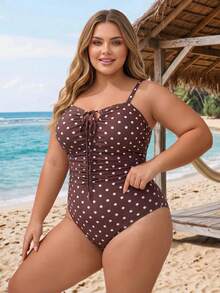 SHEIN CURVE+ Plus Size Vacation Beach Polka Dot Print Spaghetti Strap One Piece Swimsuit - Brown - View 6