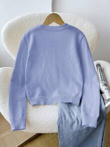 SHEIN Tween Girl Tween Girls' Loose Casual Minimalist Comfortable Round Neck Open Front Solid Color Sweater Autumn Winter Clothes For Girl - Blue - View 2