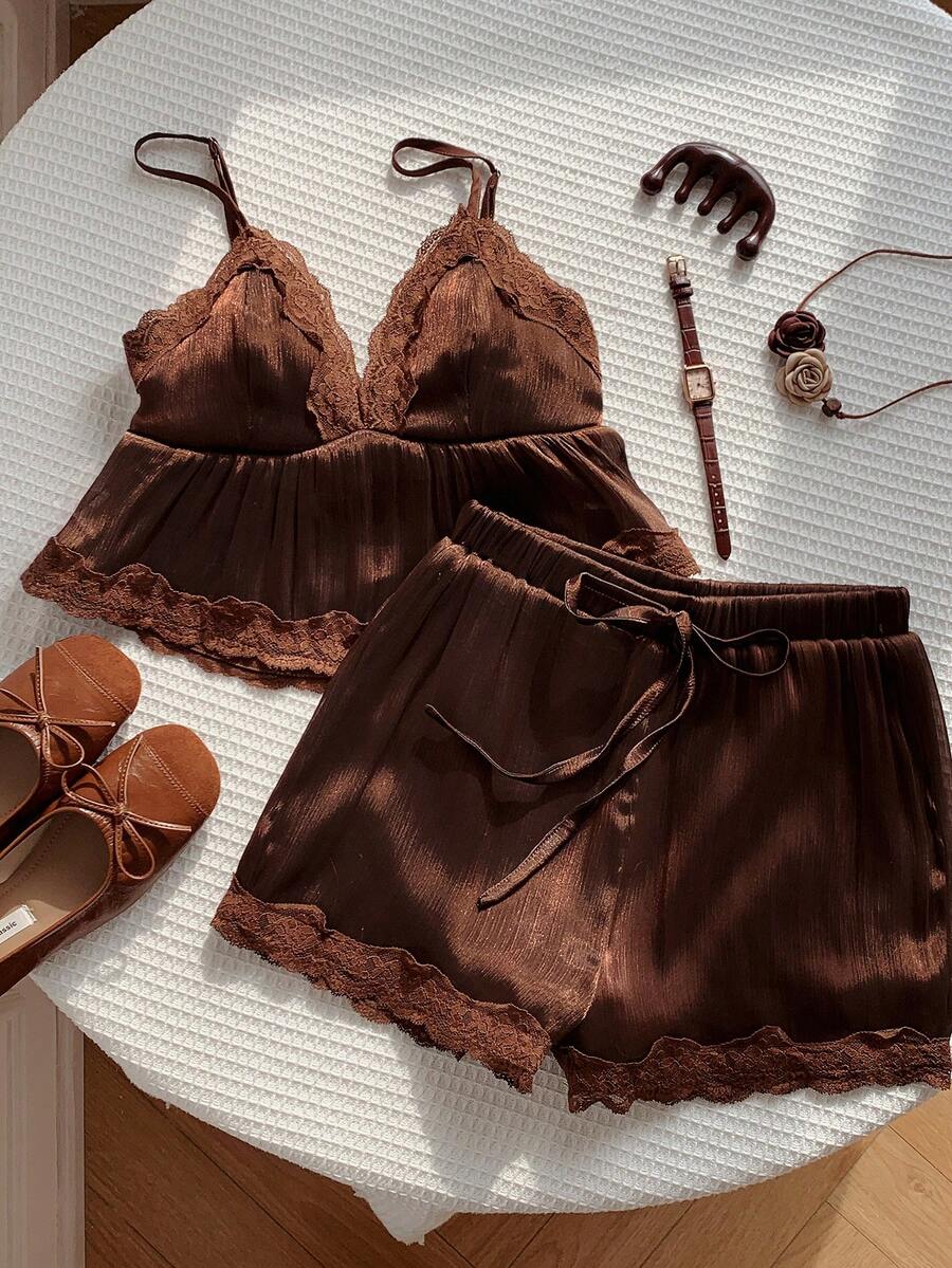 Comfortcana Women's Vintage Cute Solid Color Contrast Lace Camisole And Shorts 2-Piece Set, Casual Vacation Lounge Shades Of Brown Summer - Brown - View 1