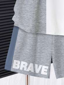 Tween Boy Casual Comfortable Fashion Minimalist Crew Neck Short Sleeve T-Shirt And Shorts Set, Classic "BRAVE" Text And Retro Color Block Graphic Print, Suitable For Spring/Summer, School, And Street Wear - Multicolor - View 5
