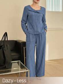 DAZY Conjunto feminino de 2 peças para primavera/outono, estilo casual de férias, top de manga comprida com decote coração e calças de perna larga com cordão na cintura - Azul - Ver 1