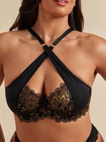 SHEIN BAE CURVE 1 قطعة حمالة صدر بتصميم الدانتيل والرقع مع سلك داخلي مقاس كبير - الأسود - مشاهدة 1