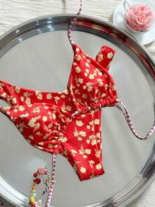 Swim Mod 女款紅色花卉掛脖比基尼兩件套，粉色與白色格紋對比色掛脖，露背，高衩內褲，性感顯瘦，夏季海灘度假泳裝 - 彩色 - 查看 6