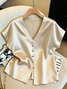 GlowEve CURVE Plus Size Solid V-Neck Short Sleeve Blouse, Elegant For Daily Wear, Spring/Summer - Apricot - View 1