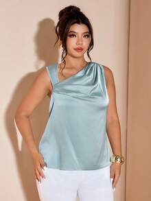 Cravure Plus Size Elegant Dusty Blue Summer Satin Draped Cowl Neck Tank Top For Women,Silk Feel Festa Party Blouse,Sleeveless Chic Workwear Fashion Clothing - Mint Green - View 6