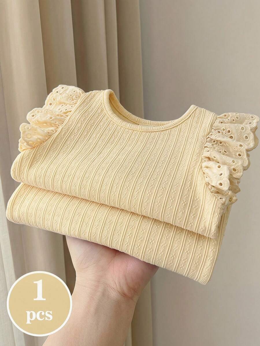 Cozy Pixies Baby Girl Solid Color Knit Soft Round Neck Short Sleeve Pullover Top Versatile Comfortable - Multicolor - View 1