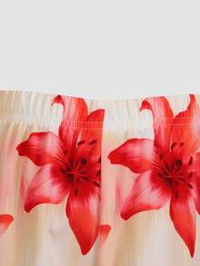SHEIN Setelan Halter Neck Anak Perempuan, Atasan Berenda Motif Tanaman Tropis Merah Fuchsia untuk Liburan Musim Panas dan Celana Panjang Lebar, Bahan Halus, Nyaman, dan Tampil Awet Muda - MultiWarna - View 6