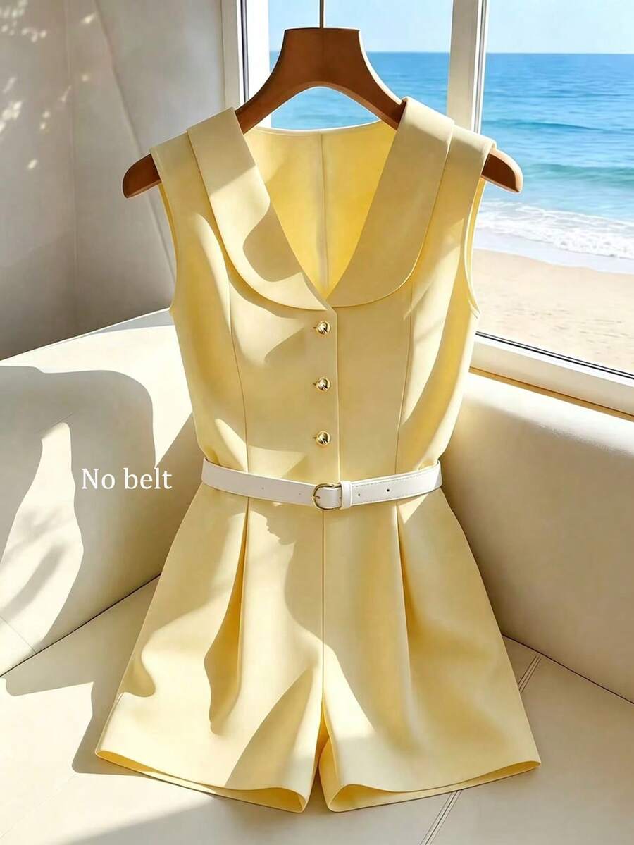 SHEIN LUNE 女款淡黃色夏季優雅度假連身褲，無袖翻領鈕扣寬鬆沙灘穿搭，春季辦公通勤社交假日套裝