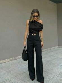 Firerie Women's Elegant Sexy Asymmetric Neck Top, Suitable For Valentine's Day And Summer Wear, New Arrival For Spring/Summer, Commute Going Out, Office - Black - View 9