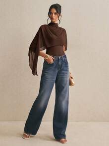 Poéselle Women's Solid Color Stand Collar Asymmetric Design Fashion Bodysuit - Chocolate Brown - View 4