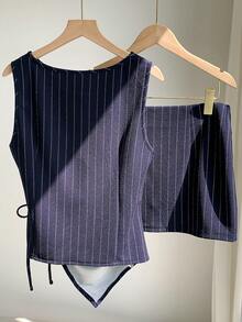 Comfortcana Women's Summer Commuter Elegant Navy Blue And White Tie-Up Asymmetric Hem Camisole And Mini Skirt 2 Pieces Set Office - Navy Blue - View 2