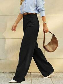 Selenza Plus Size Zipper Button Pocket Wide Leg Solid Color Minimalist Business Denim Jeans - Black - View 8