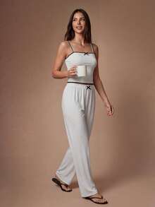 Lazeform Women's Contrast Trim Bow Decor Camisole Top And Long Pants Casual Daily Home Sleepwear Set - White - View 5