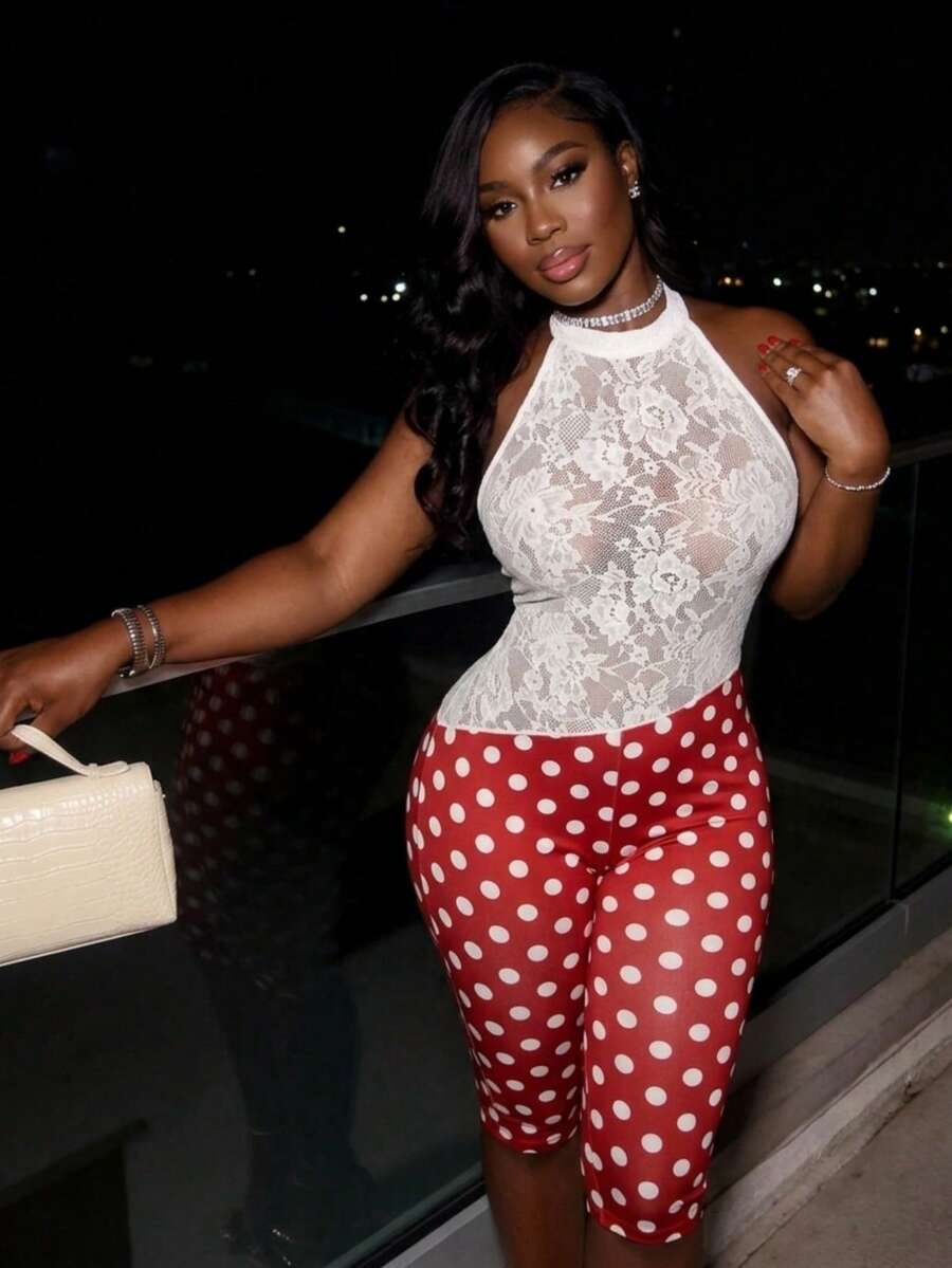 SHEIN SXY Jumpsuit Halter Seksi Motif Polkadot Renda untuk Wanita Ukuran Plus