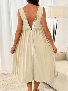 Slowluna Women's Solid Color Minimalist V-Neck Sleeveless Maternity Delivery Gown - Apricot - View 5