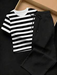 SHEIN EZwear 两件套：刺绣圆领短袖上衣和条纹印花长裤，休闲款 - 彩色 - 查看 3