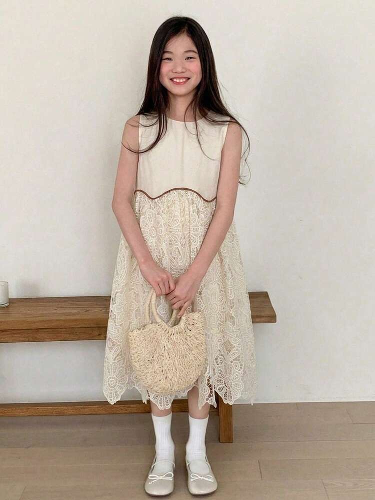Tween Girl Fall Clothes Girls Round Neck Sleeveless Dress