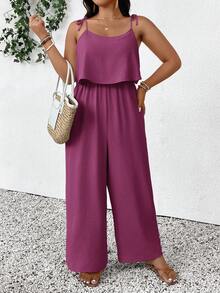 SHEIN Frenchy Đồ liền thân dây mảnh màu trơn họa tiết vân, phong cách thường ngày đi nghỉ mát, size lớn - Màu tím - Xem 3