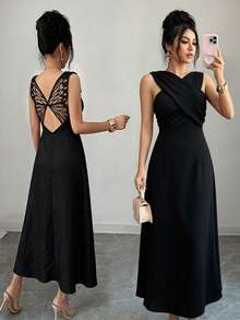 Elenzga Vestido elegante y versátil de unicolor con decoración de mariposa en la espalda, sexy para mujer - Negro - Ver 1
