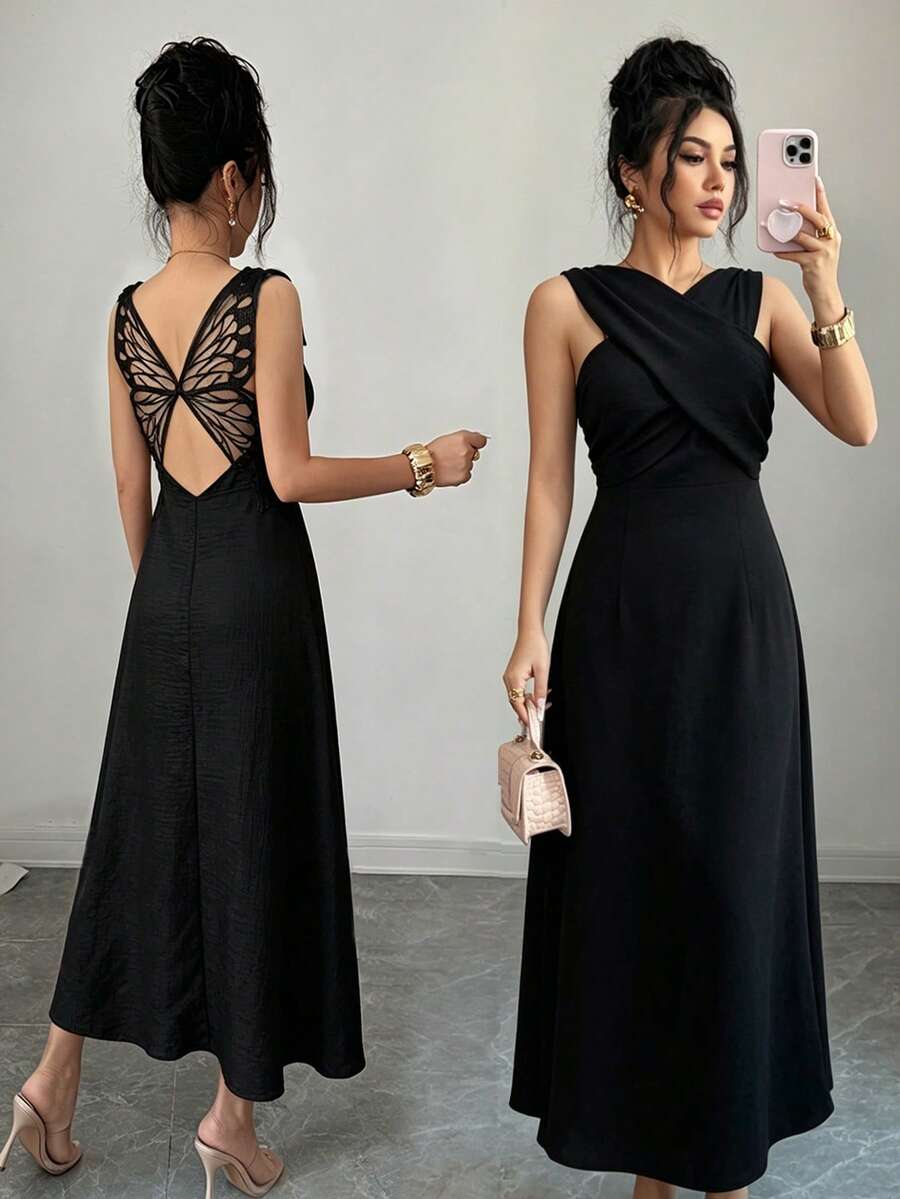 Elenzga Vestido elegante y versátil de unicolor con decoración de mariposa en la espalda, sexy para mujer - Negro - Ver 1