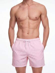 Manfinity KASUA Men Vertical Striped Drawstring Waist Swim Trunks - Pink - View 3
