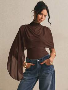 Poéselle Women's Solid Color Stand Collar Asymmetric Design Fashion Bodysuit - Chocolate Brown - View 5