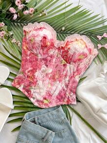 Soleia 女款浪漫春夏度假雛菊刺繡紋理印花3D花卉裝飾胸衣上衣，休閒約會情人節下午茶海灘郵輪公路旅行城市度假音樂節派對波希米亞波西米亞嬉皮西式風格，內搭/外穿，四季日常通勤 - 粉色 - 查看 7