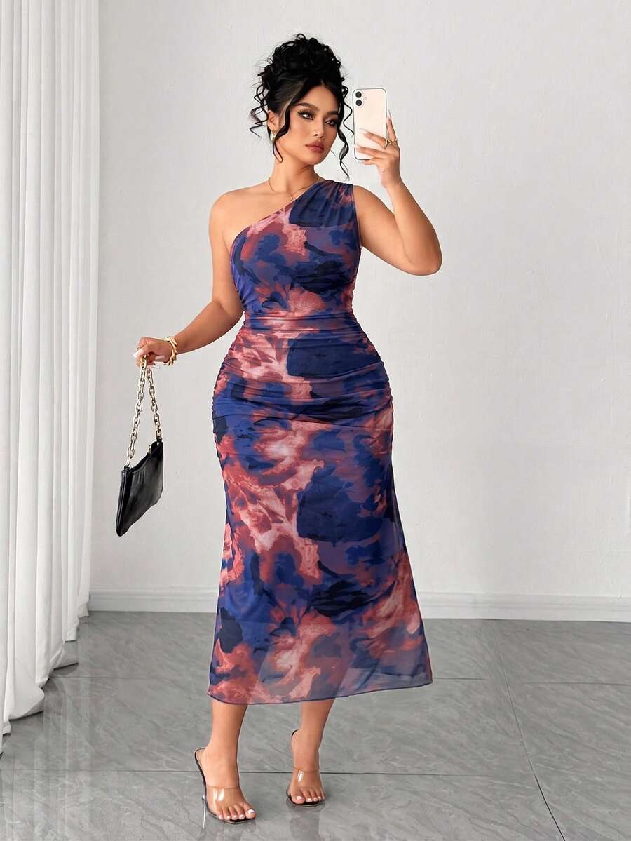 Elenzga Plus Size Mesh Printed Asymmetric Shoulder Dress - Multicolor - View 1