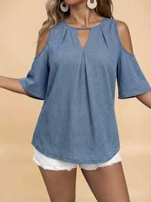 SHEIN VCAY Casual Minimalist Denim Effect Print Plus Size Shirt, Suitable For Summer & Autumn - Multicolor - View 3