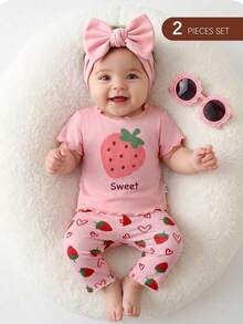 SHEIN Two Pieces Set Of Newborn Baby Girl Strawberries Print T-Shirts And Shorts, Perfect For Summer. - Baby Pink - View 5
