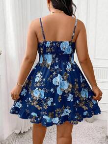 Elenzga Plus Size Navy Blue Rose Print Tie Front Ruffle Cami Dress - Navy Blue - View 2