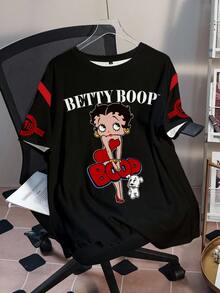 Betty Boop x SHEIN Plus Size Summer Casual Western Cartoon Print T-Shirt Wedding Black - White - View 6