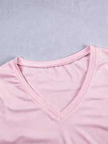 Sweetra Plus Size V-Neck Short Sleeve Fitted Cinched Waist T-Shirt - Pink - View 5