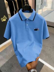 Manfinity Homme 男士巴黎字母印花 Polo 衫，時尚短袖休閒上衣，適合夏季日常穿著與正式場合 - 藍色 - 查看 1