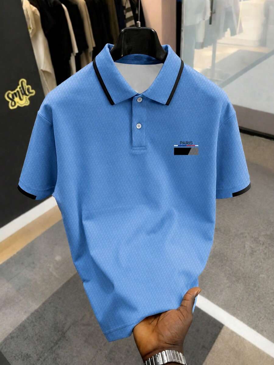 Manfinity Homme 男士巴黎字母印花 Polo 衫,時尚短袖休閒上衣,適合夏季日常穿著與正式場合 - 藍色 - 查看 1