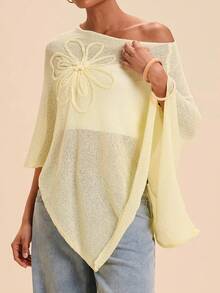 Travachic 女款刺繡透視不對稱肩不對稱下擺針織上衣 - 鵝黃色 - 查看 1