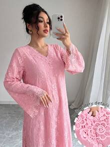 Yasmyna 优雅V领喇叭袖蕾丝边飘逸连衣裙，春夏款 - 粉色 - 查看 10