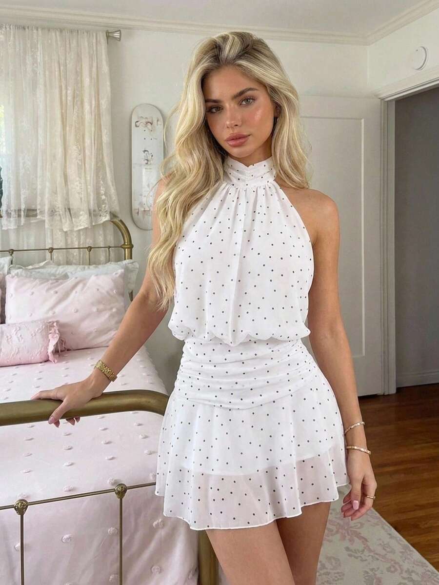 DAZY Spring/Summer White With Black Polka Dots All-Over Print Hot Girl Music Festival Tank Dress Wedding Vacation Banquet Ball Gown Evening Dress Cute - White - View 1