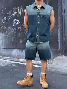DAZY Men's Gradient Wash Distressed Single-Breasted Vest Jacket And Pocket Shorts Denim Set Fall - Blue - View 6