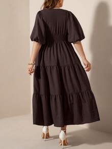 Comfylo Denim Effect Woven Plus Size Cinched Waist Long Dress - Brown - View 2