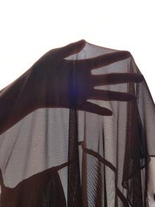 Top camisola elegante bohemio para vacaciones de mujer, decoración de cuentas marrones, dobladillo en línea A, malla de punto transparente, estilo callejero boho, vibra tropical sexy - Marrón - Ver 3