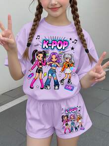 Young Girl Round Neck Letter Cartoon Print Short Sleeve T-Shirt And Shorts Casual Daily Set - Multicolor - View 2