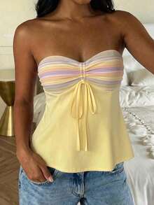 CovetEZ 休閒極簡度假波希米亞優雅浪漫復古淡黃色條紋印花女款上衣，適合通勤、音樂節、海灘、度假、夏季 - 彩色 - 查看 6