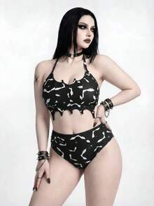 ROMWE Goth 2026新款夏季海灘度假性感暗黑龐克蝙蝠動物印花大尺碼泳衣套裝 - 黑色 - 查看 4